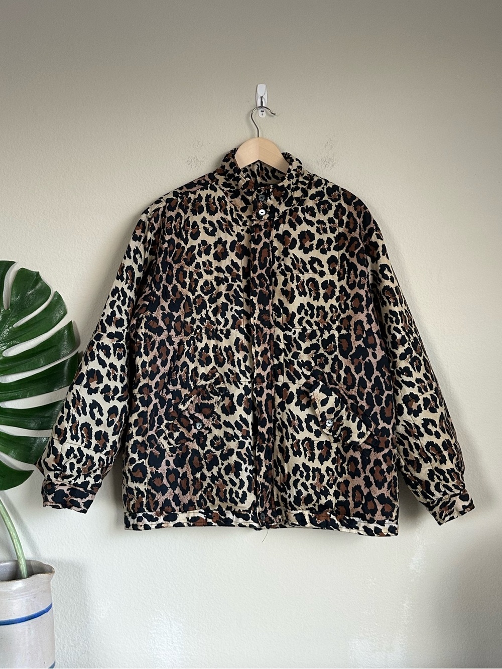 Vintage Clio Silk Leopard Print Quilted Bomber Jacket